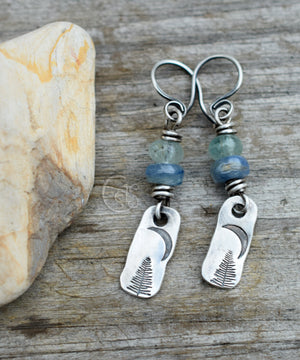 Crescent Moon Earrings Boho Gemstone Earrings Blue Aquamarine and Kyanite Gemstone Earrings w Silver Tree Charms