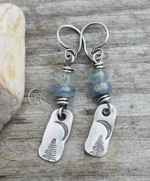 Crescent Moon Earrings Boho Gemstone Earrings Blue Aquamarine and Kyanite Gemstone Earrings w Silver Tree Charms