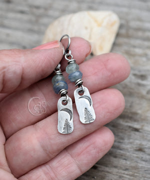 Crescent Moon Earrings Boho Gemstone Earrings Blue Aquamarine and Kyanite Gemstone Earrings w Silver Tree Charms