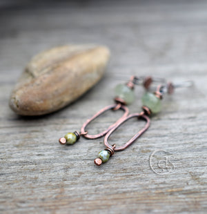 Handcrafted Green Aquamarine Gemstone Earrings. Solid Copper Hoops. Boho-Style Jewelry.