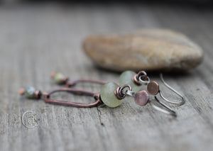 Handcrafted Green Aquamarine Gemstone Earrings. Solid Copper Hoops. Boho-Style Jewelry.