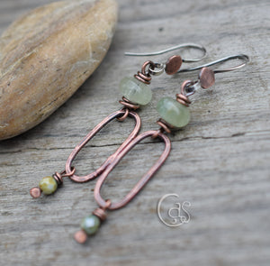 Handcrafted Green Aquamarine Gemstone Earrings. Solid Copper Hoops. Boho-Style Jewelry.