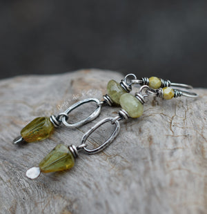 Sage Drops. Handcrafted Silver Hoop Dangle Earrings. Green Gemstone Jewelry.