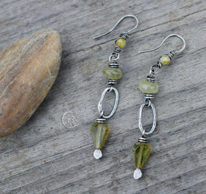 Sage Drops. Handcrafted Silver Hoop Dangle Earrings. Green Gemstone Jewelry.