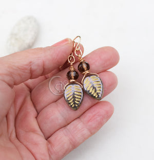 Mocha Mousse Crystal Earrings in Golden Bronze + Golden Green Leaf Czech Glass Dangle Earrings