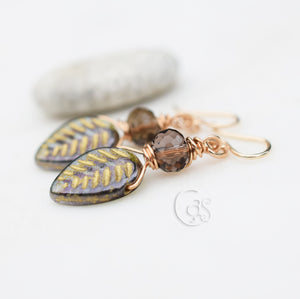 Mocha Mousse Crystal Earrings in Golden Bronze + Golden Green Leaf Czech Glass Dangle Earrings