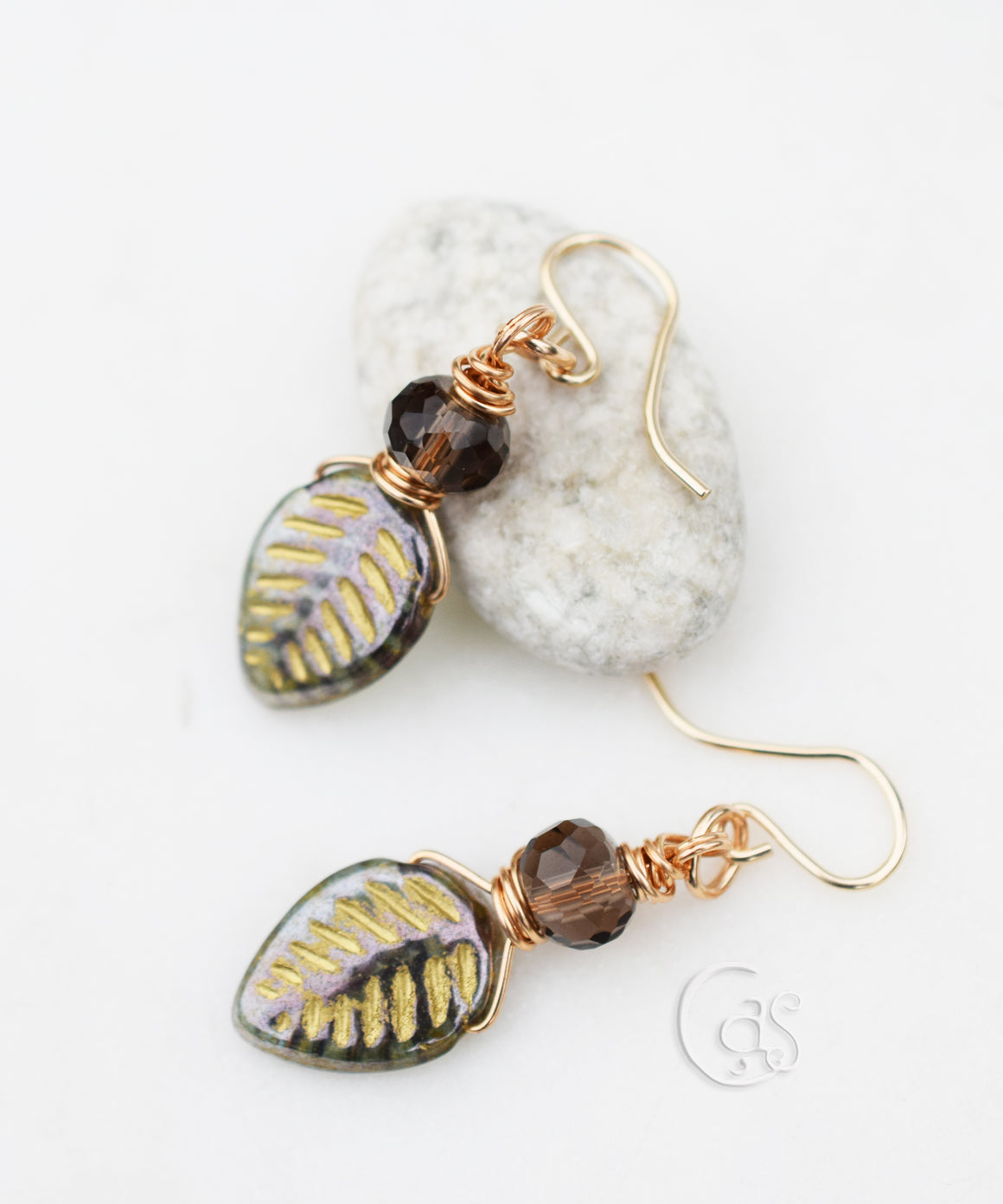 Mocha Mousse Crystal Earrings in Golden Bronze + Golden Green Leaf Czech Glass Dangle Earrings