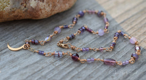 Crescent Moon Beaded Necklace. Amethyst Gemstones Beaded Chain. Golden Bronze. Czech Glass. 91234