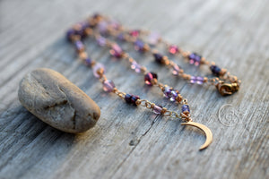 Crescent Moon Beaded Necklace. Amethyst Gemstones Beaded Chain. Golden Bronze. Czech Glass. 91234