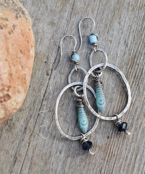 Turquoise Feather Silver Hoop Earrings Handcrafted Boho Style Hoops Dark Indigo Large Hoop Earrings