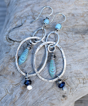 Turquoise Feather Silver Hoop Earrings Handcrafted Boho Style Hoops Dark Indigo Large Hoop Earrings