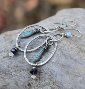 Turquoise Feather Silver Hoop Earrings Handcrafted Boho Style Hoops Dark Indigo Large Hoop Earrings