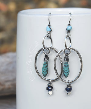 Turquoise Feather Silver Hoop Earrings Handcrafted Boho Style Hoops Dark Indigo Large Hoop Earrings