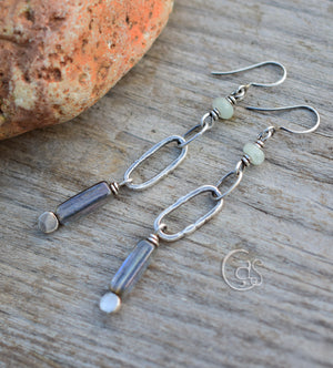 Aquamarine Gemstone Earrings. Long Hoop Earrings. Fine Silver. Sterling Silver. Blue and Green Jewelry.