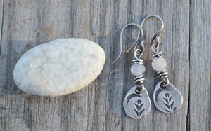 Moonstone Gemstone Earrings. Silver Nugget Crescent Moon Dangles. Handcrafted Boho Style Jewelry 12503