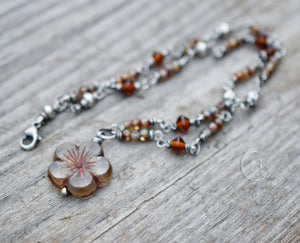 Handcrafted Silver Beaded Flower Necklace. Sterling Silver. Czech Glass Boho-Style Jewelry.