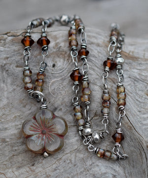 Handcrafted Silver Beaded Flower Necklace. Sterling Silver. Czech Glass Boho-Style Jewelry.