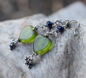 Green Heart Silver Earrings. Handcrafted Glass Heart Dangle Earrings. Green + Indigo Jewelry.