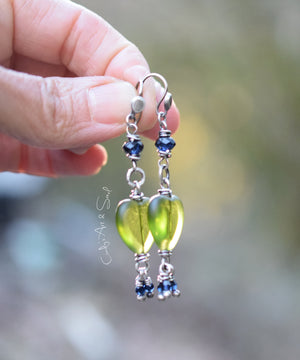 Green Heart Silver Earrings. Handcrafted Glass Heart Dangle Earrings. Green + Indigo Jewelry.