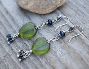 Green Heart Silver Earrings. Handcrafted Glass Heart Dangle Earrings. Green + Indigo Jewelry.