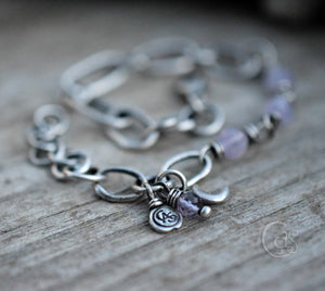 Amethyst Gemstone Fine Silver Bracelet. Crescent Moon Beaded Gemstone Jewelry. Handcrafted.