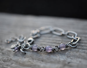 Amethyst Gemstone Fine Silver Bracelet. Crescent Moon Beaded Gemstone Jewelry. Handcrafted.