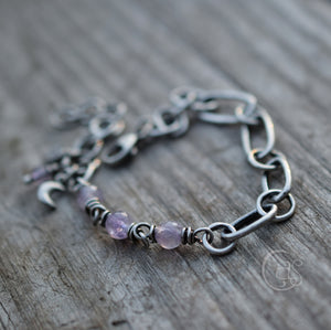 Amethyst Gemstone Fine Silver Bracelet. Crescent Moon Beaded Gemstone Jewelry. Handcrafted.