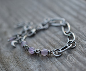 Amethyst Gemstone Fine Silver Bracelet. Crescent Moon Beaded Gemstone Jewelry. Handcrafted.