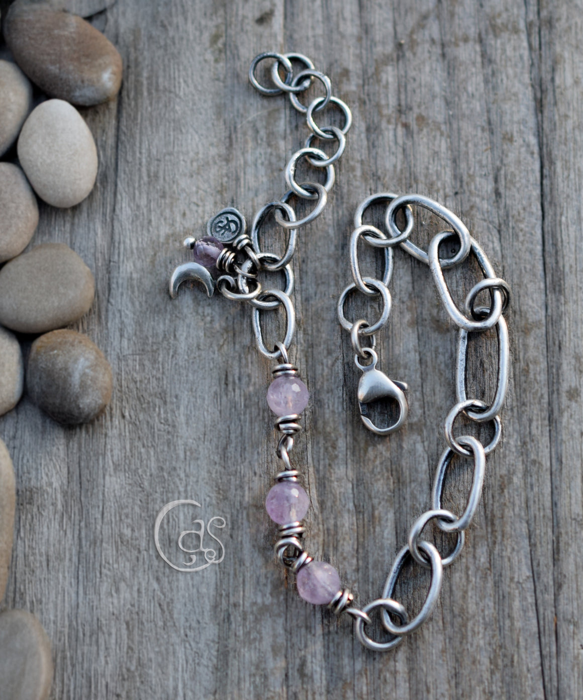 Amethyst Gemstone Fine Silver Bracelet. Crescent Moon Beaded Gemstone Jewelry. Handcrafted.