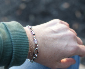 Amethyst Gemstone Fine Silver Bracelet. Crescent Moon Beaded Gemstone Jewelry. Handcrafted.