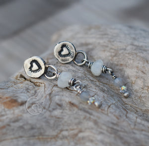 Fine Silver Post Earrings Moonstone Gemstone Dangles Sparkle White Winter Heart Earrings.