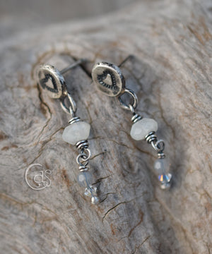 Fine Silver Post Earrings Moonstone Gemstone Dangles Sparkle White Winter Heart Earrings.