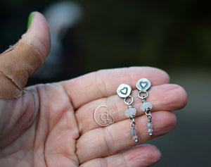 Fine Silver Post Earrings Moonstone Gemstone Dangles Sparkle White Winter Heart Earrings.