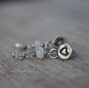 Fine Silver Post Earrings Moonstone Gemstone Dangles Sparkle White Winter Heart Earrings.