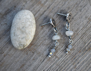 Fine Silver Post Earrings Moonstone Gemstone Dangles Sparkle White Winter Heart Earrings.