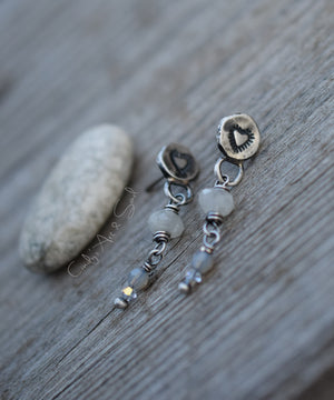 Fine Silver Post Earrings Moonstone Gemstone Dangles Sparkle White Winter Heart Earrings.