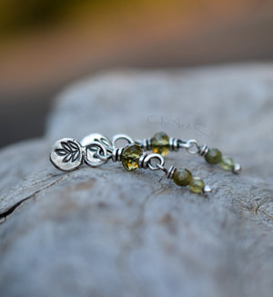 Leaf Post Earrings Green Garnet Gemstone Dangles Botanical Olive Green Earrings