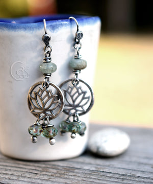 Silver Lotus Hoop Earrings. Green Aquamarine Gemstone Earrings. Shimmering Czech Glass Beaded Hoops.