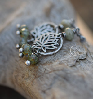 Silver Lotus Hoop Earrings. Green Aquamarine Gemstone Earrings. Shimmering Czech Glass Beaded Hoops.