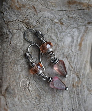 Handcrafted Silver Dangle Earrings Rose Peach Faceted Glass Beads Solid Silver Small Drop Earrings.