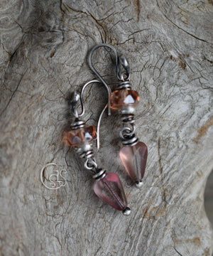 Handcrafted Silver Dangle Earrings Rose Peach Faceted Glass Beads Solid Silver Small Drop Earrings.