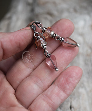 Handcrafted Silver Dangle Earrings Rose Peach Faceted Glass Beads Solid Silver Small Drop Earrings.