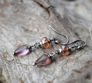 Handcrafted Silver Dangle Earrings Rose Peach Faceted Glass Beads Solid Silver Small Drop Earrings.