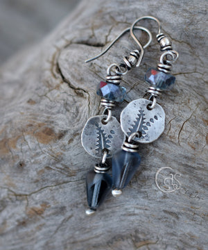 Leafy Botanical Handcrafted Silver Earrings Montana Blue Shimmering Glass Beaded Earrings