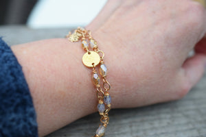 Gold Beaded Bracelet. Milky Moonstone Golden Glass Lotus Charm Golden Sun