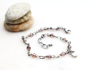 Silver Chain Beaded Bracelet Crescent Moon Pale Pink Blush Nano Gem Sparkling New Moon