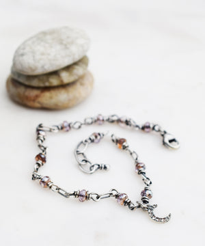 Silver Chain Beaded Bracelet Crescent Moon Pale Pink Blush Nano Gem Sparkling New Moon