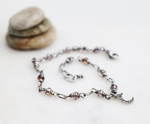 Silver Chain Beaded Bracelet Crescent Moon Pale Pink Blush Nano Gem Sparkling New Moon