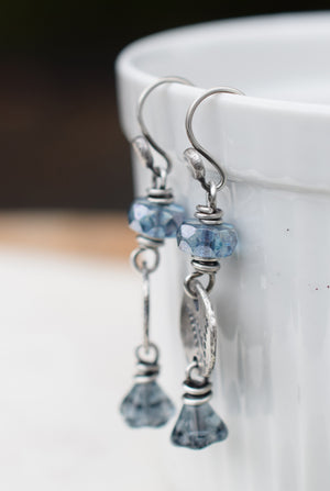 Botanical Leafy Handcrafted Silver Earrings Montana Blue Shimmering Glass Beaded Earrings