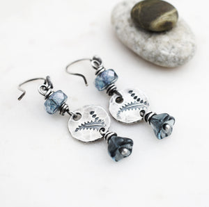 Botanical Leafy Handcrafted Silver Earrings Montana Blue Shimmering Glass Beaded Earrings